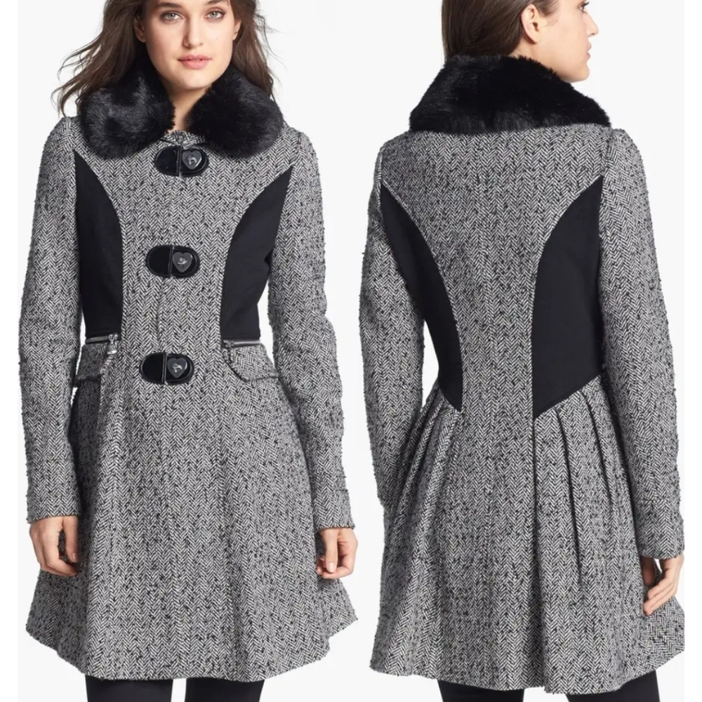 Betsey Johnson Black White Tweed Fur Collar Fit & Flare Coat - 8 Medium